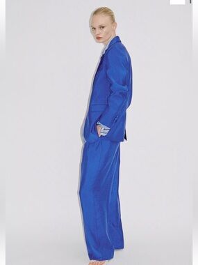 Mango Blue Tailored Blazer & Wide-Leg Trousers Set